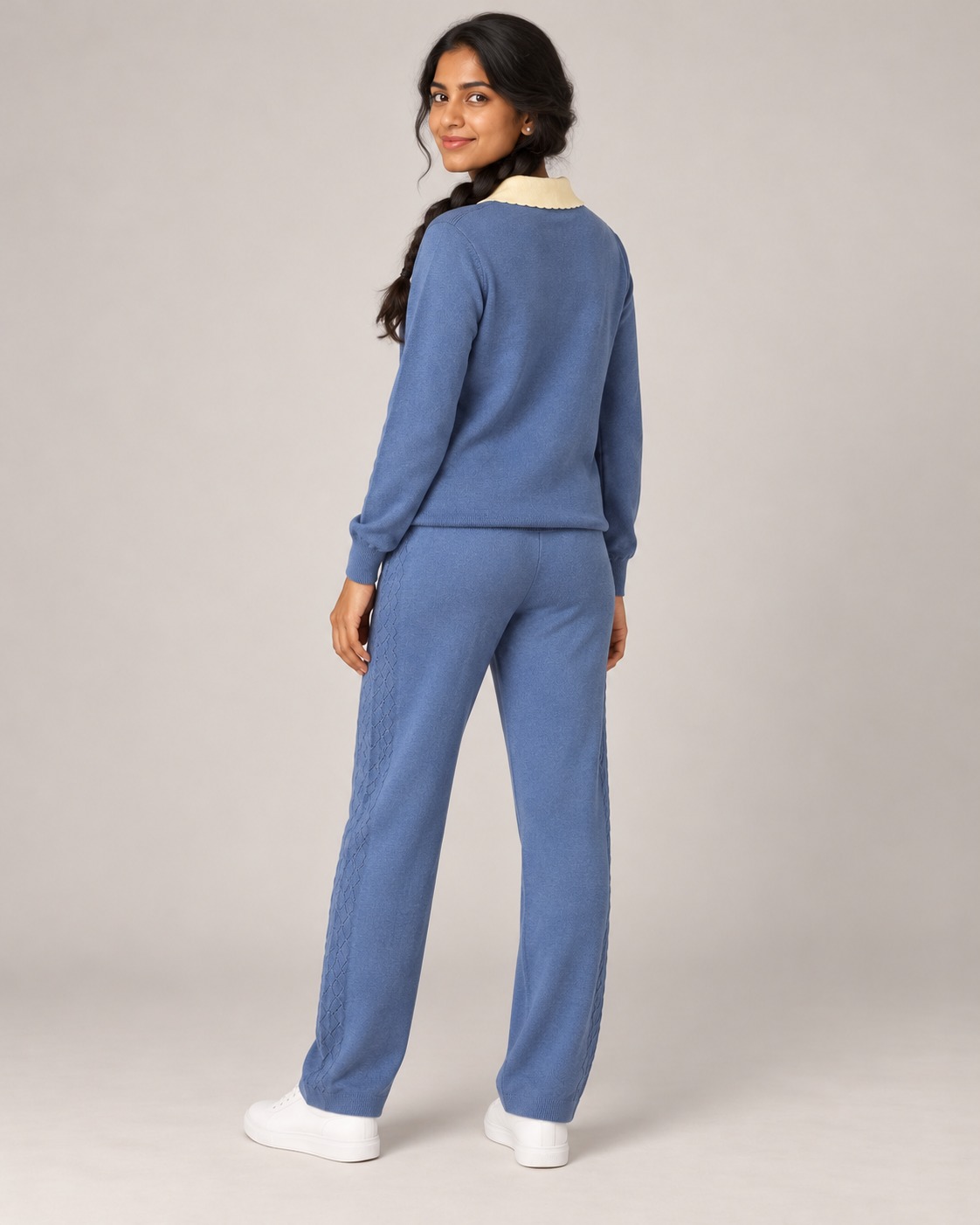 Women's Dusty Blue Knitted Co-Ord Set with Cream Collar & Textured Detailing