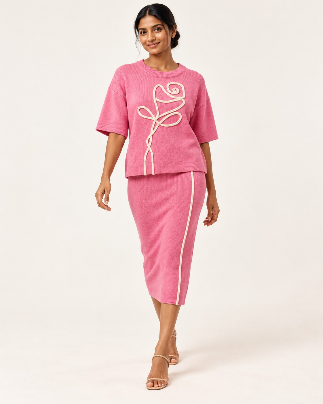 AAVARI Women's Rose Pink Knitted Co-Ord Set with 3D Floral Design & Midi Pencil Skirt