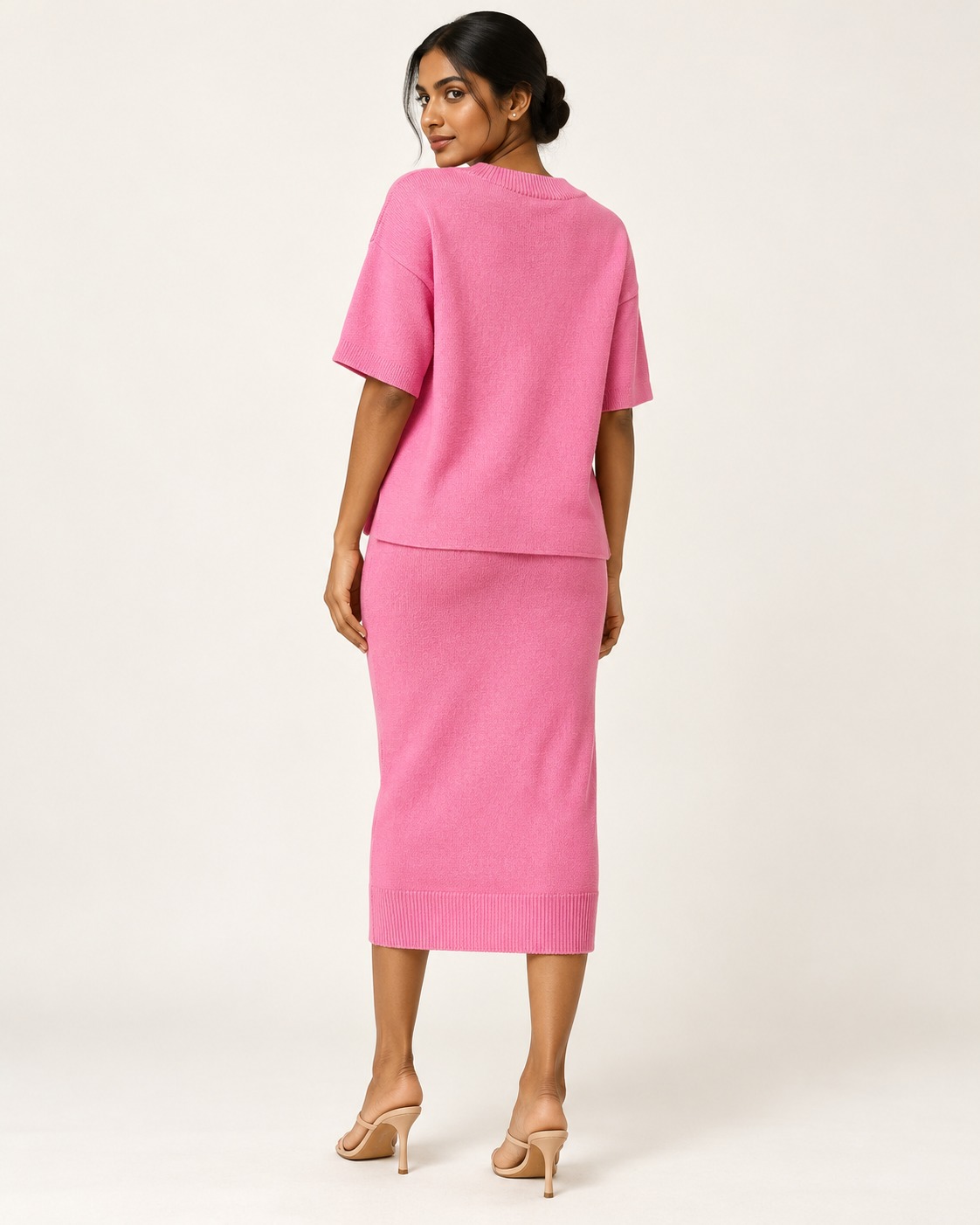 AAVARI Women's Rose Pink Knitted Co-Ord Set with 3D Floral Design & Midi Pencil Skirt