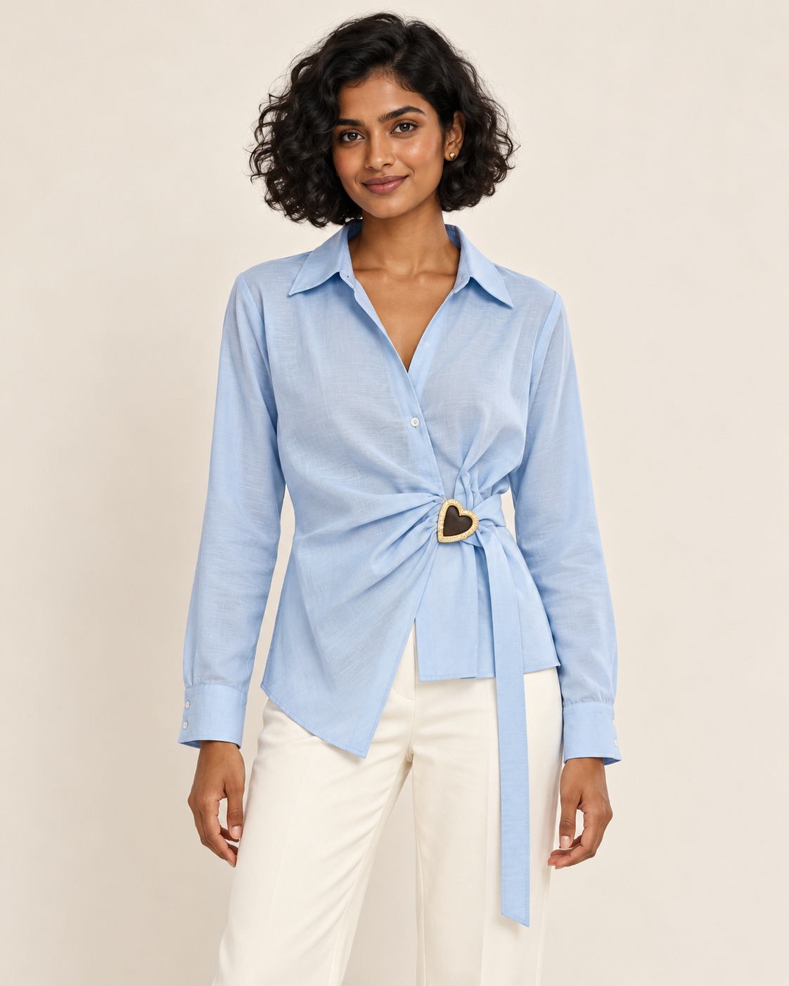 AAVARI Women's Sky Blue Solid Wrap Style Shirt with Heart Buckle, Full Sleeves