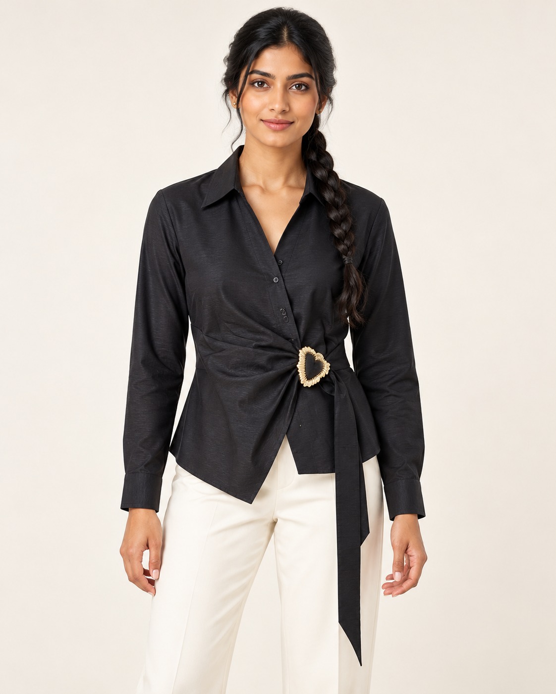 AAVARI Women's Black Solid Wrap Style Shirt with Gold-Tone Heart Buckle, Full Sleeves