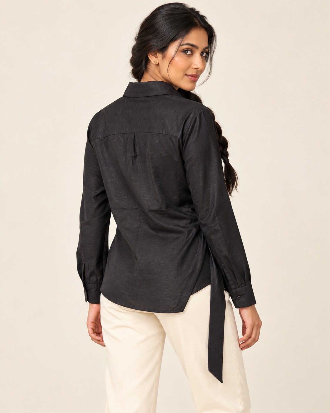 AAVARI Women's Black Solid Wrap Style Shirt with Gold-Tone Heart Buckle, Full Sleeves