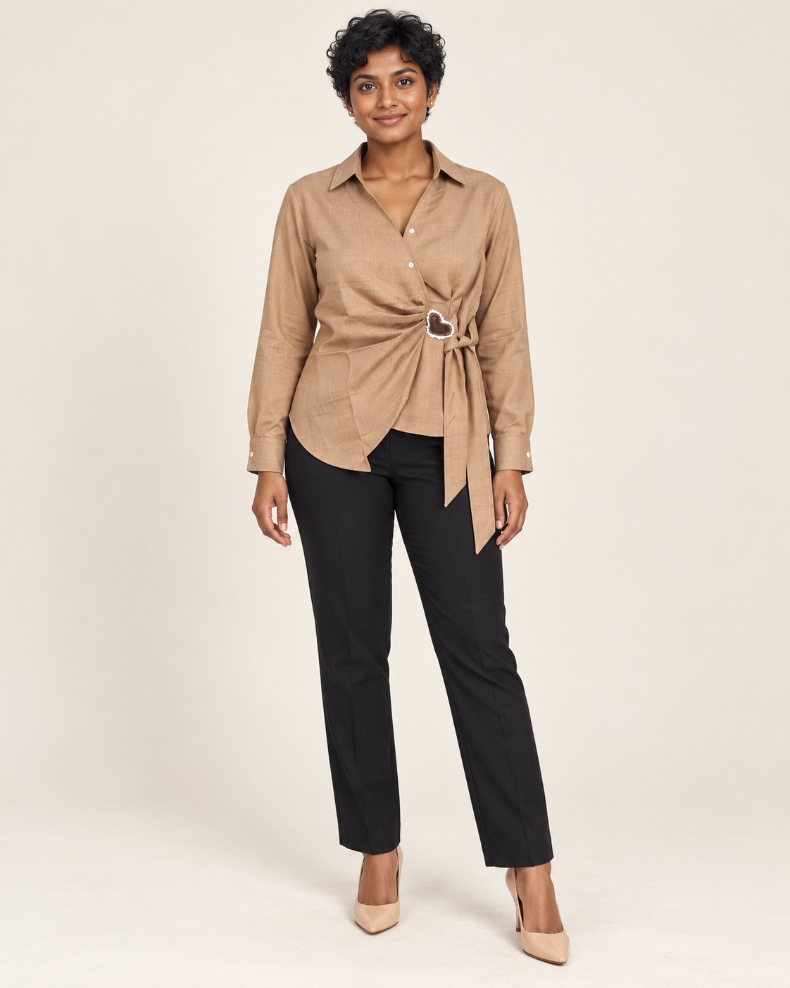 AAVARI Women's Beige Wrap Style Shirt with Heart Buckle, Full Sleeves