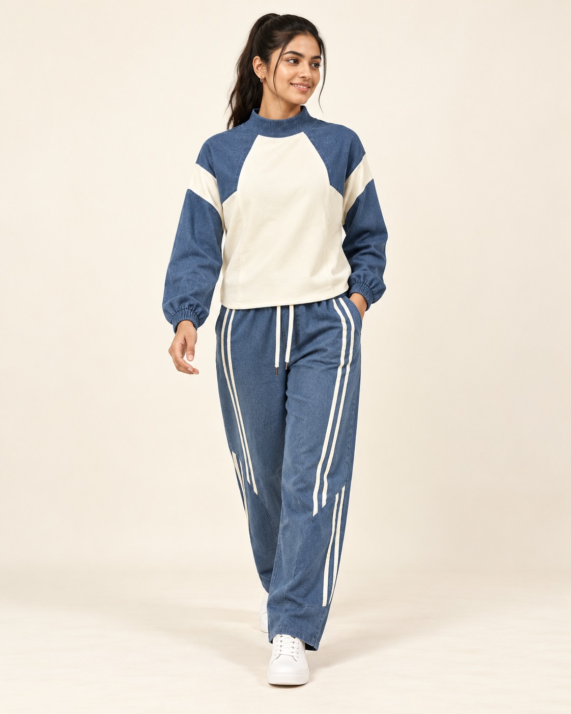 AAVARI Women's Blue & Cream Colorblock Co-Ord Set with High Neck Full Sleeve Top