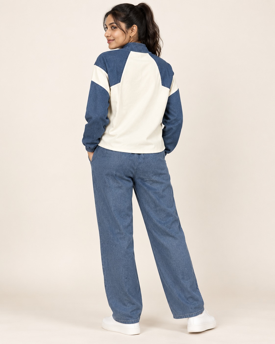 AAVARI Women's Blue & Cream Colorblock Co-Ord Set with High Neck Full Sleeve Top