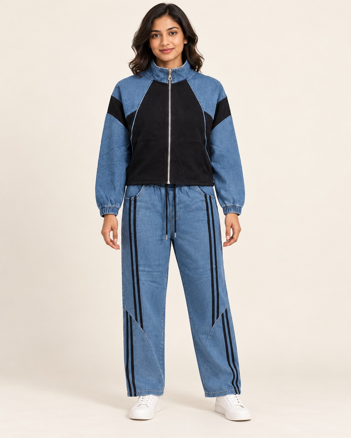 AAVARI Women's Blue & Black Colorblock Co-Ord Set with Zip-Up Jacket & Wide-Leg Track Pants