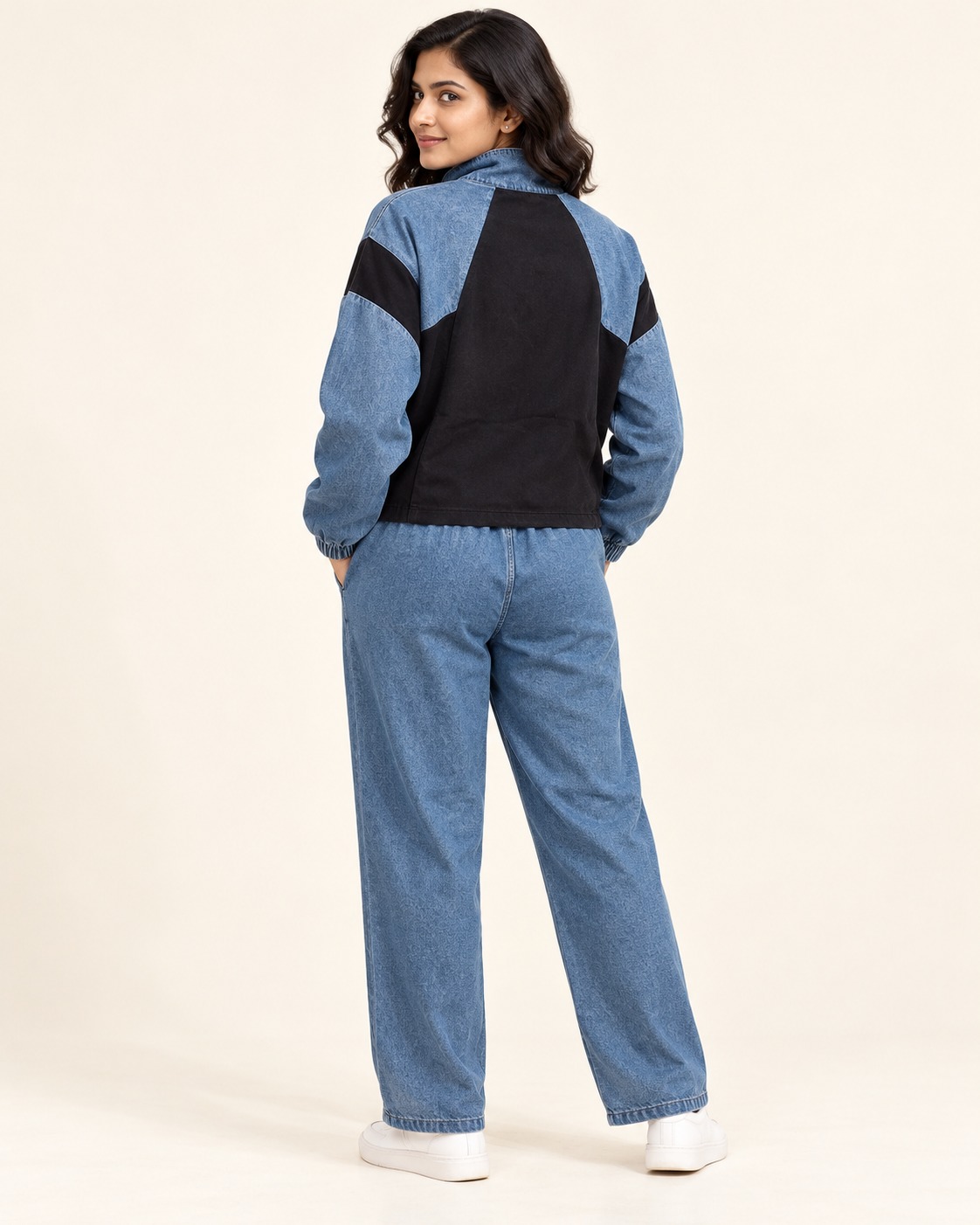AAVARI Women's Blue & Black Colorblock Co-Ord Set with Zip-Up Jacket & Wide-Leg Track Pants