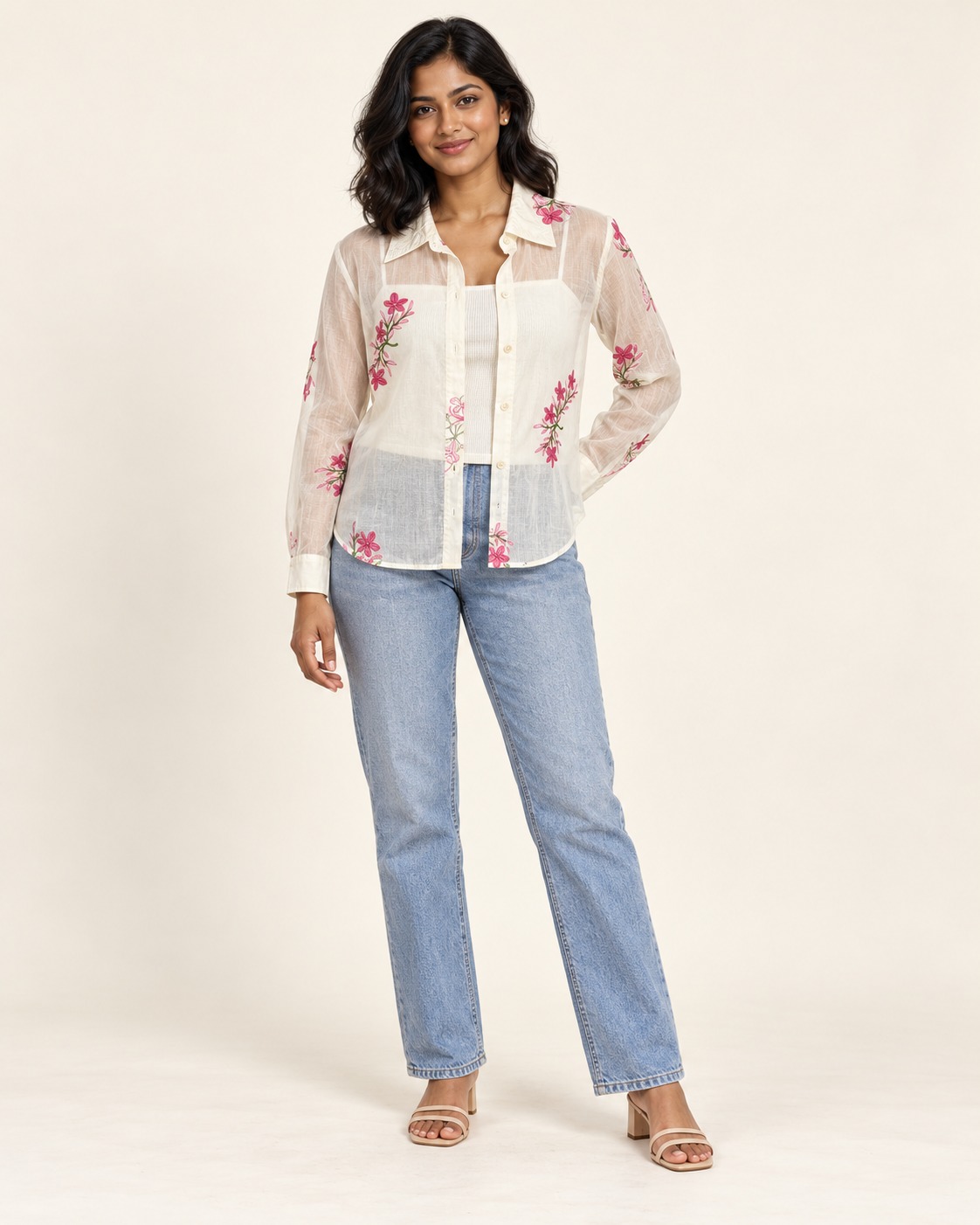 AAVARI Women's Off-White Floral Embroidered Sheer Shirt with Full Sleeves & Button-Down Front