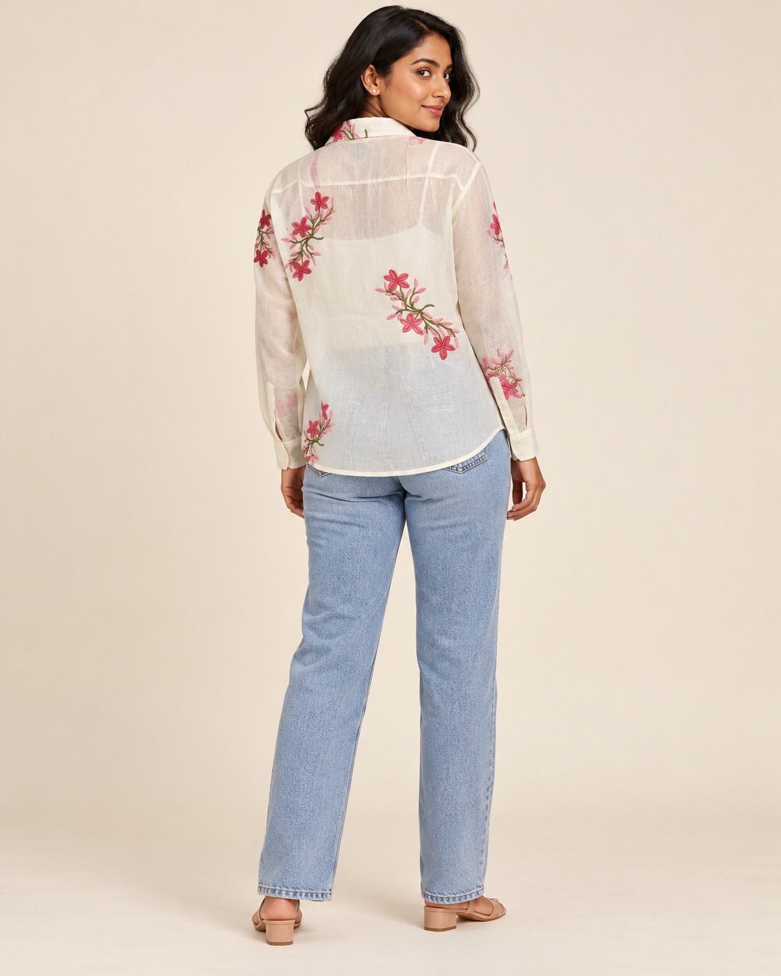AAVARI Women's Off-White Floral Embroidered Sheer Shirt with Full Sleeves & Button-Down Front