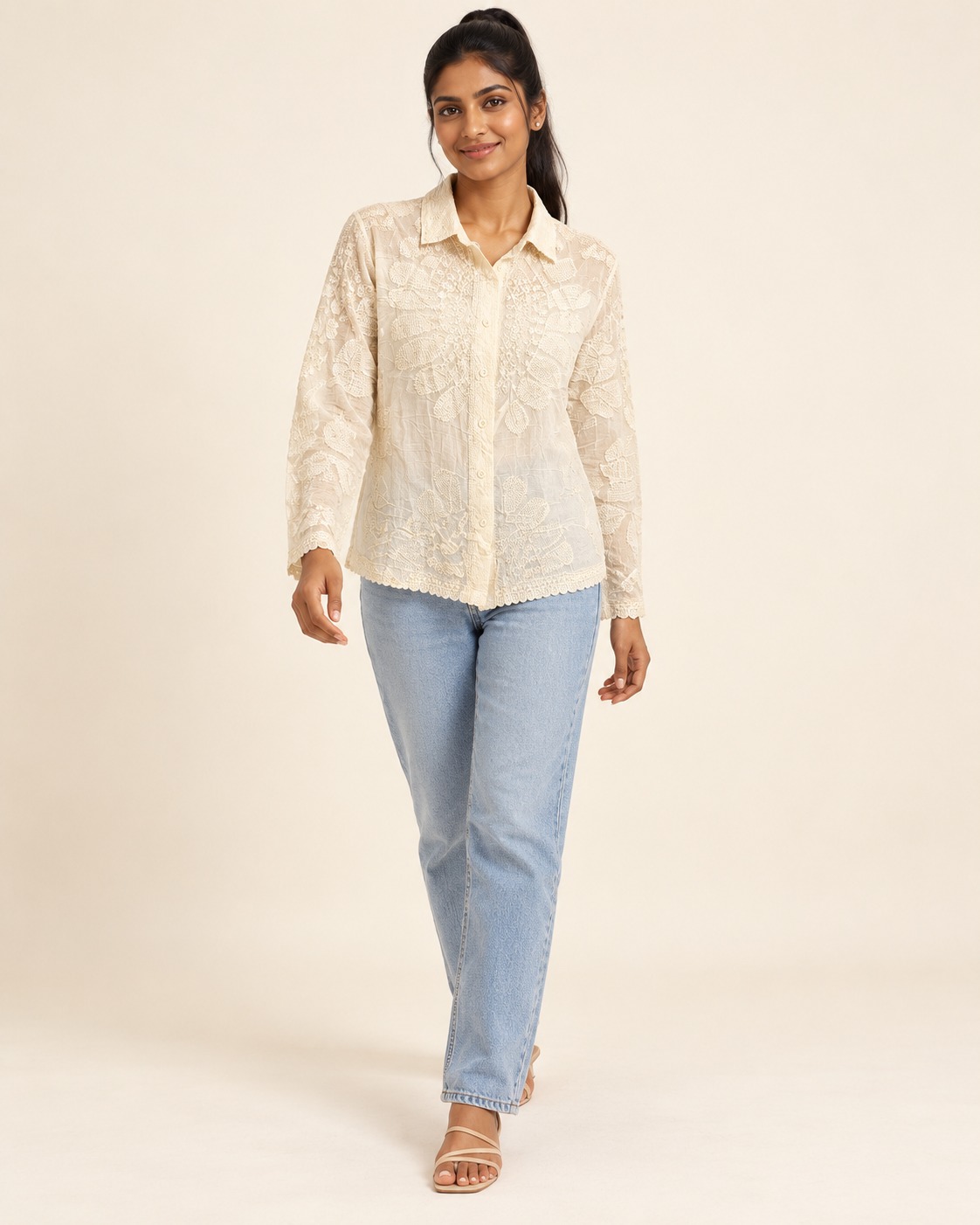 AAVARI Women's Ivory Floral Lace Shirt with Full Sleeves, Button-Down Front & Scalloped Hem