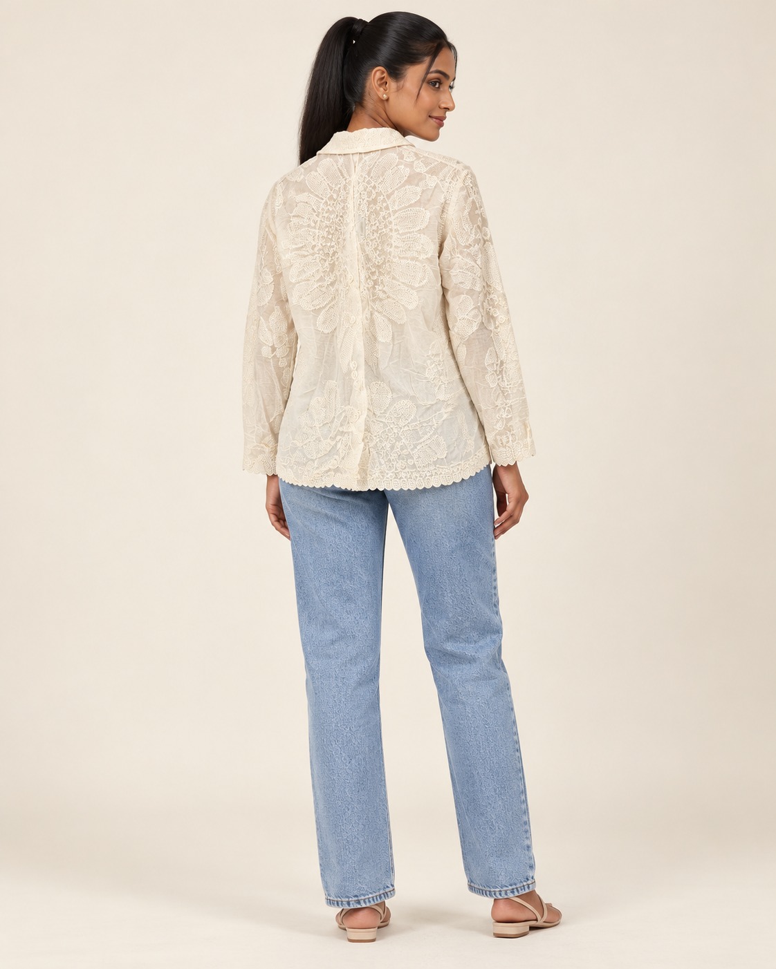 AAVARI Women's Ivory Floral Lace Shirt with Full Sleeves, Button-Down Front & Scalloped Hem