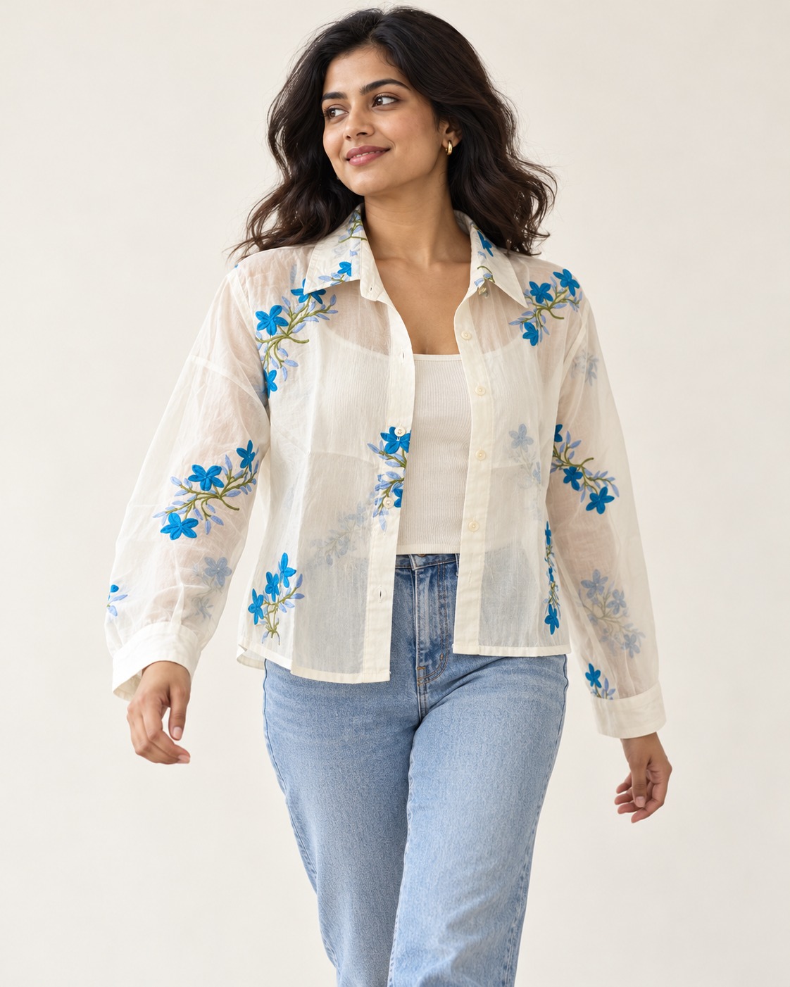 AAVARI Women's Ivory Blue Floral Embroidered Sheer Shirt with Full Sleeves & Button-Down Front