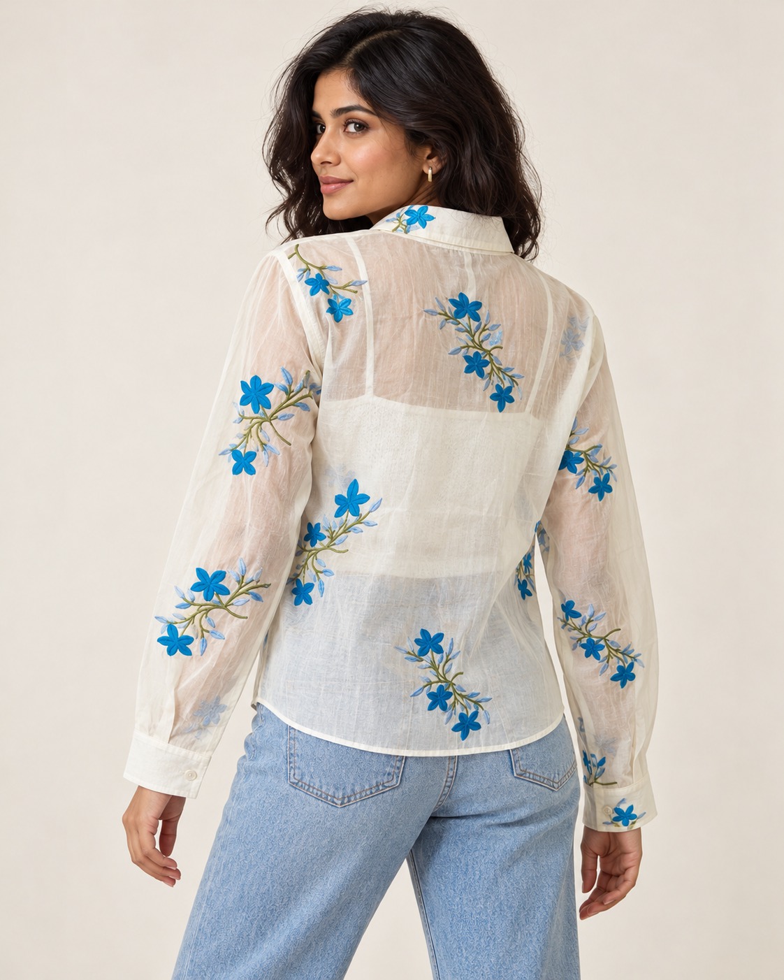 AAVARI Women's Ivory Blue Floral Embroidered Sheer Shirt with Full Sleeves & Button-Down Front