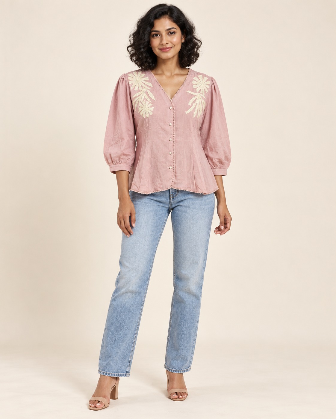 AAVARI Women's Dusty Pink Floral Embroidered Peplum Top with V-Neck