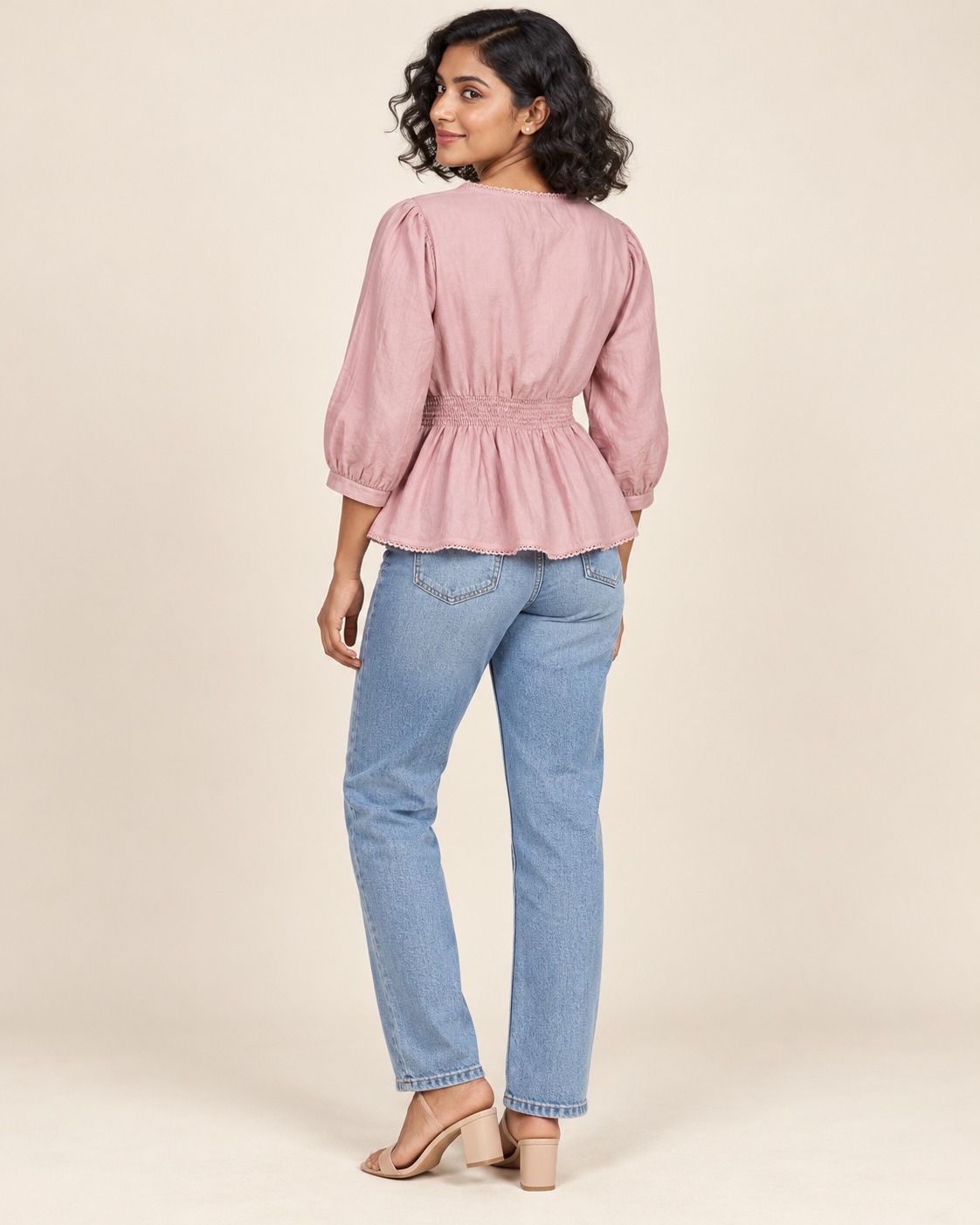 AAVARI Women's Dusty Pink Floral Embroidered Peplum Top with V-Neck