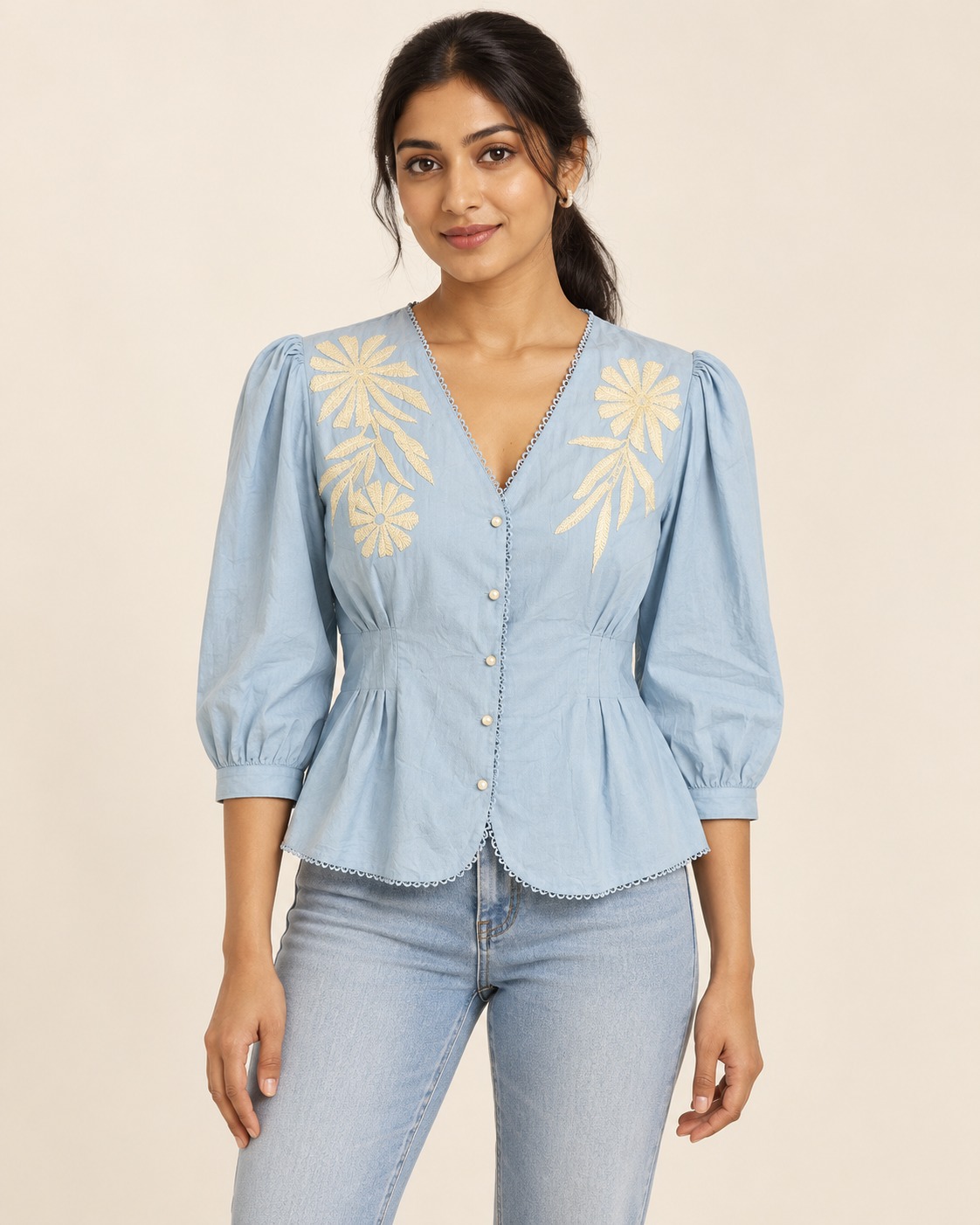 AAVARI Women's Powder Blue Floral Embroidered Peplum Top with V-Neck & Puff Sleeves