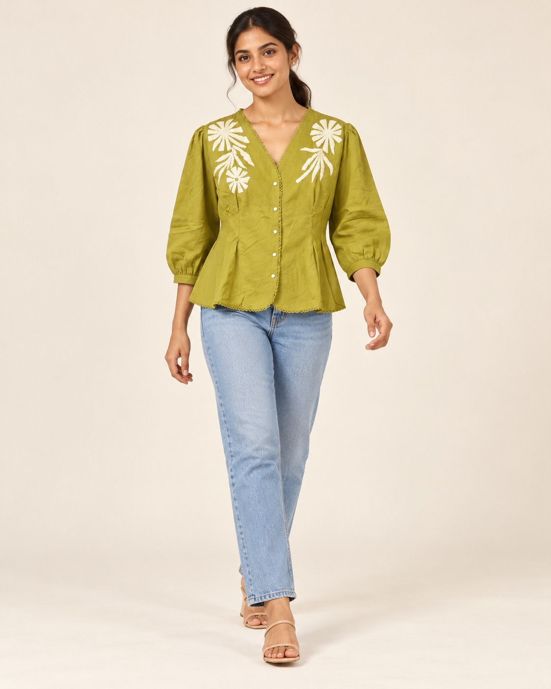 AAVARI Women's Olive Green Floral Embroidered Peplum Top with V-Neck & Puff Sleeves