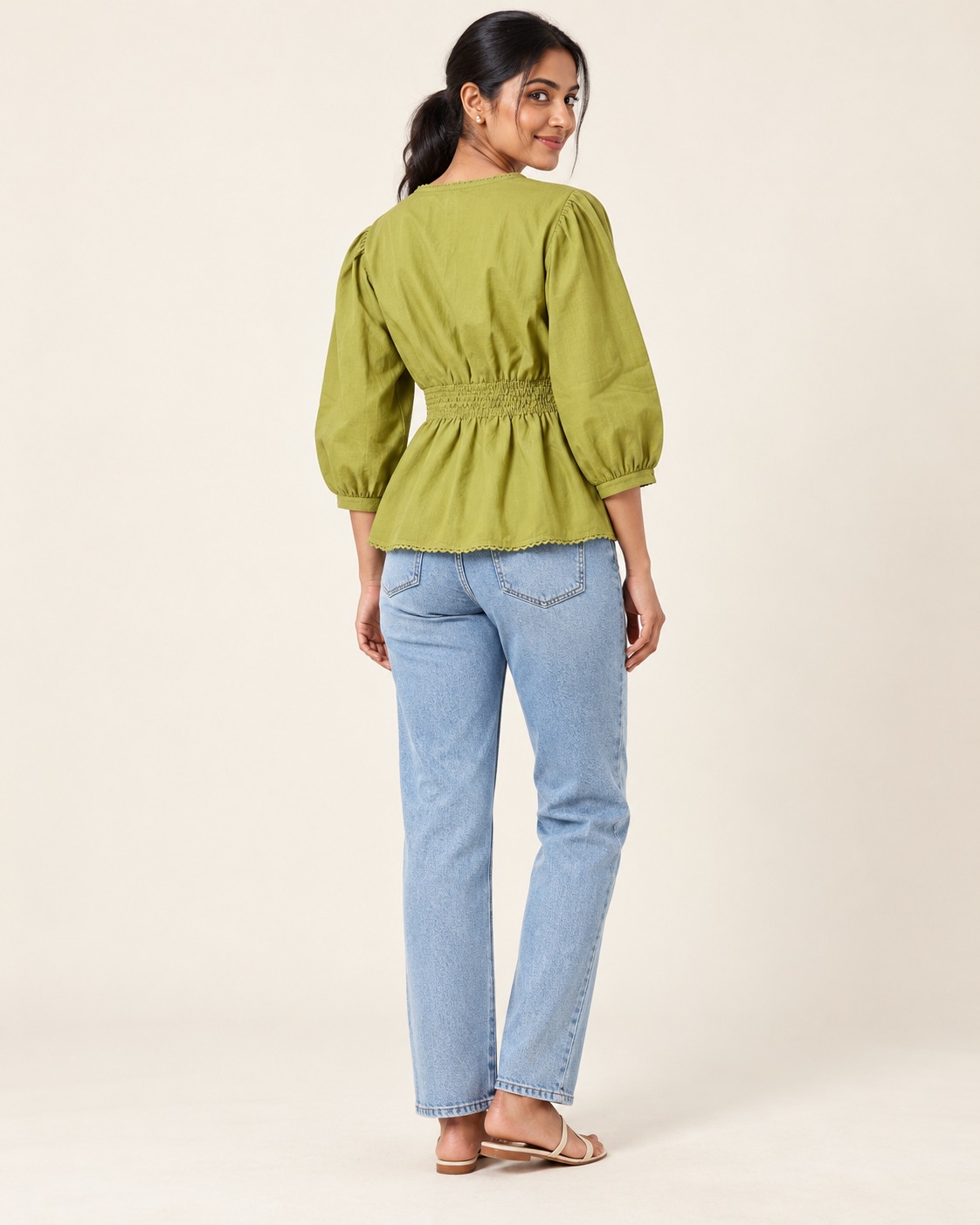AAVARI Women's Olive Green Floral Embroidered Peplum Top with V-Neck & Puff Sleeves
