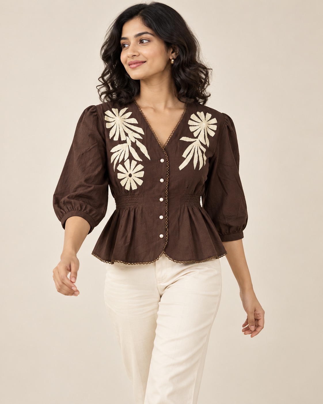 AAVARI Women's Chocolate Brown Floral Embroidered Peplum Top with V-Neck & Puff Sleeves