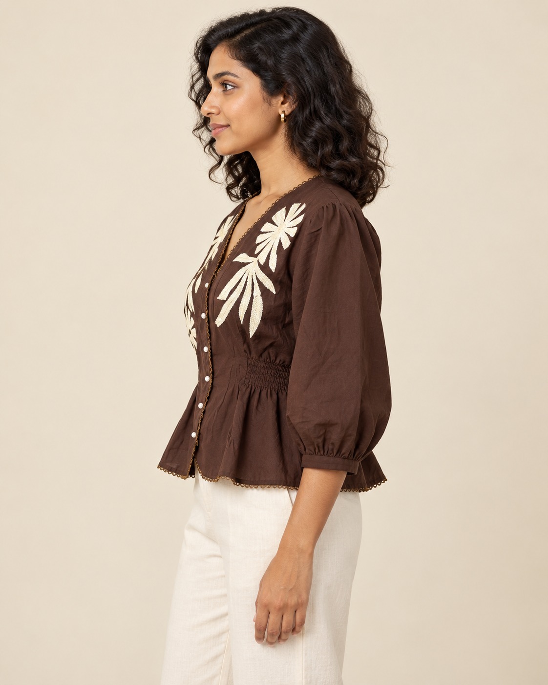 AAVARI Women's Chocolate Brown Floral Embroidered Peplum Top with V-Neck & Puff Sleeves