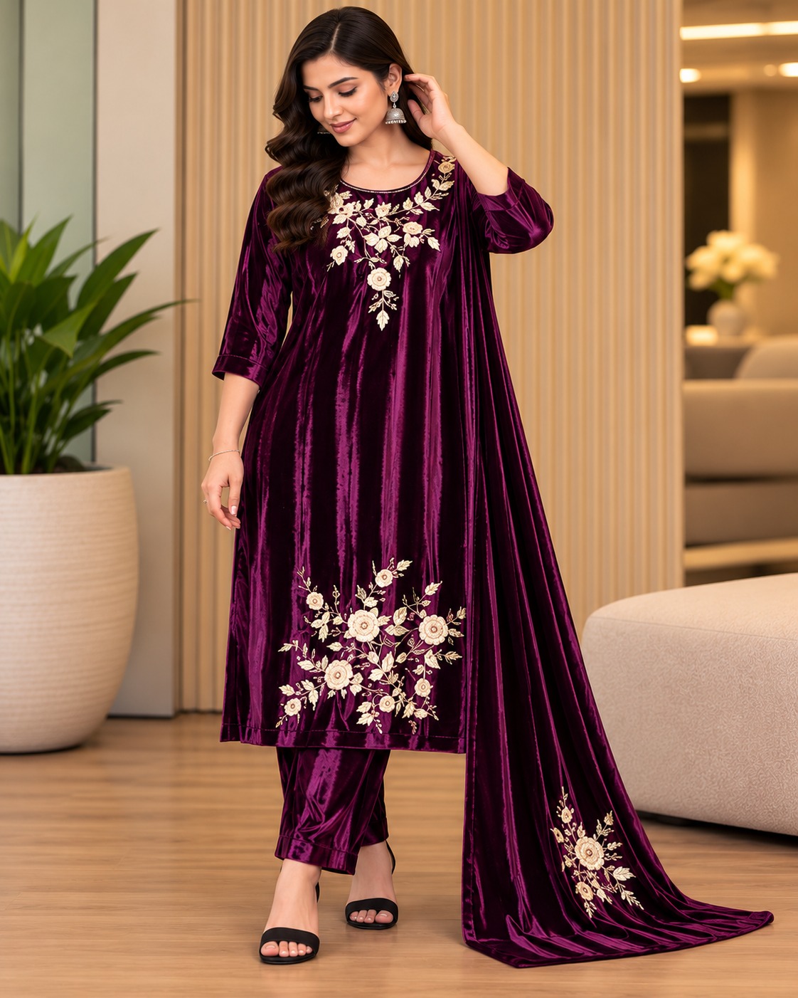 AAVARI Women’s Wine Floral Embroidered Velvet-Look Kurta Pant Set with Dupatta