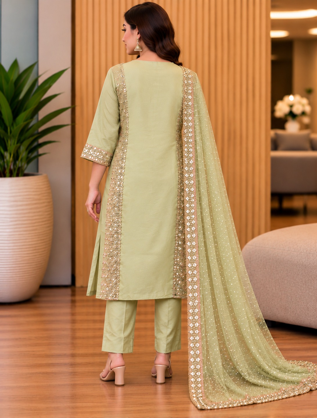 Women’s Pista Green Embellished Kurta & Pant Set with Sheer Bordered Dupatta