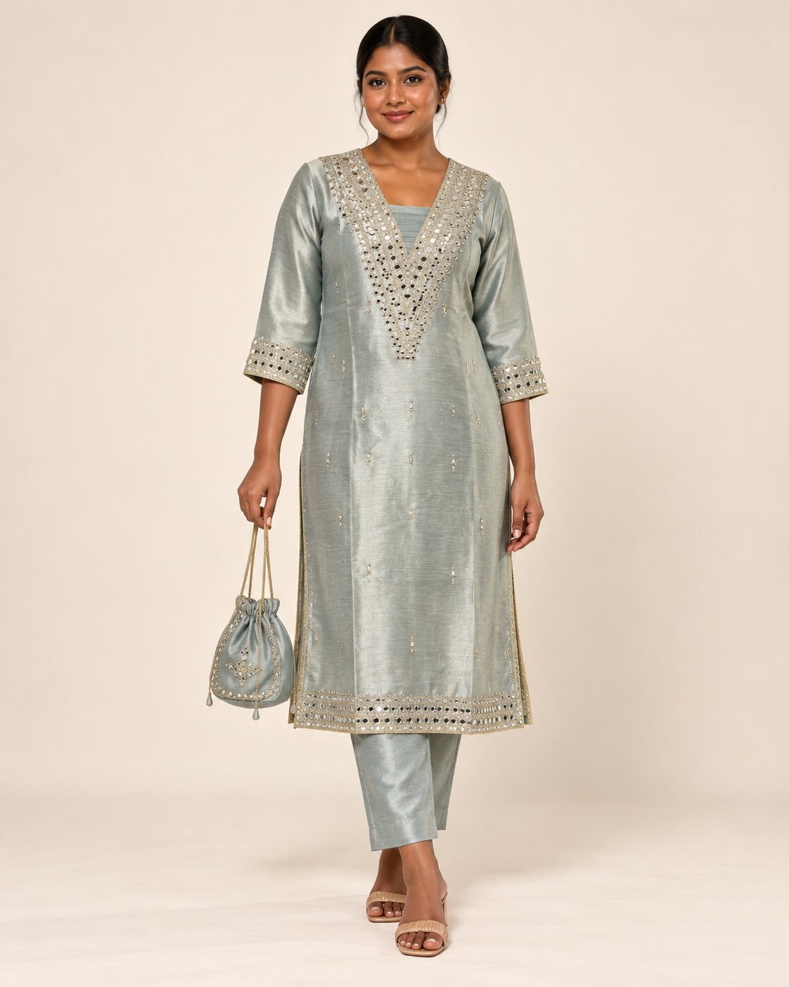 Women’s Silver Sage Green Embellished Straight Kurta with Matching Pants
