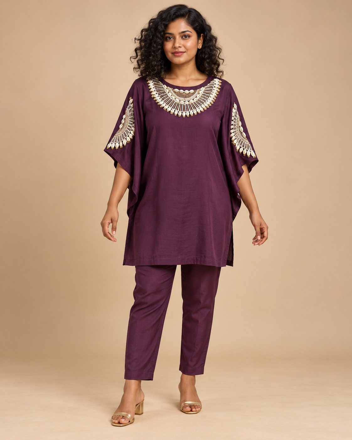 AAVARI Women's Elegant Embroidered Neck Kaftan Style Kurta Pant Set