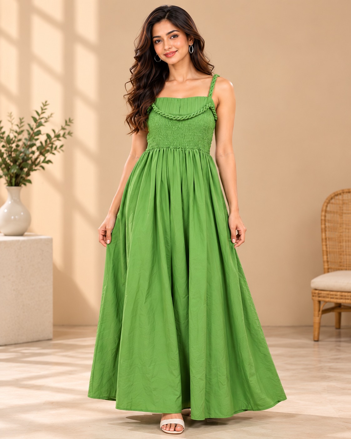 AAVARI Women's Smocked Bodice Braided Strap Flared Maxi Dress
