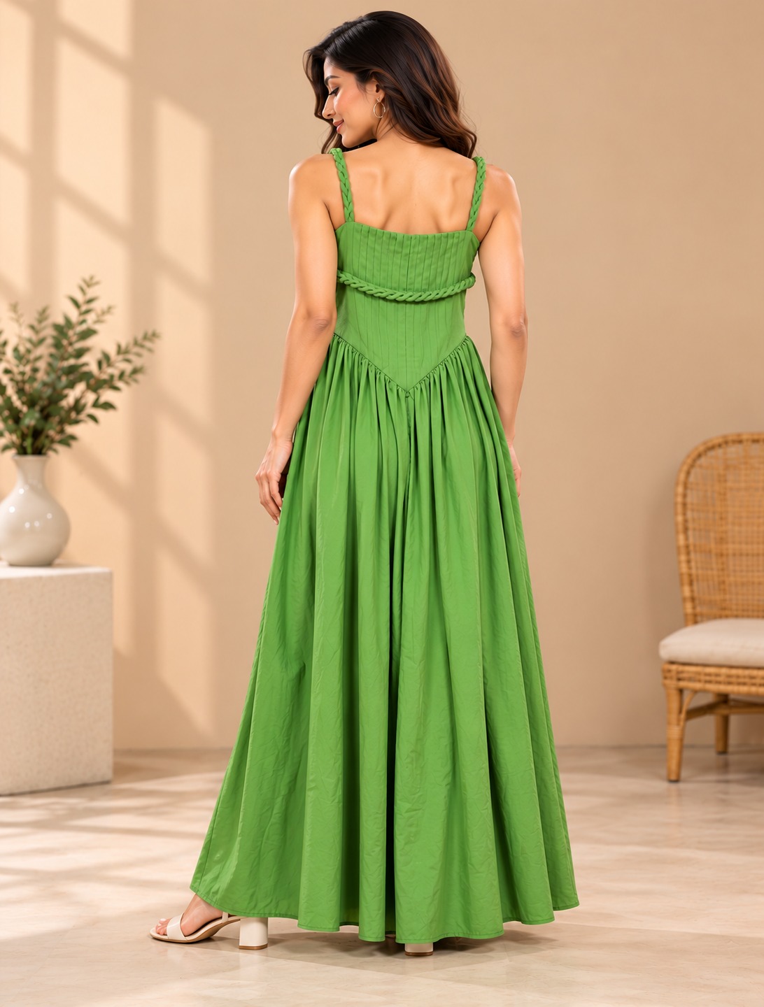 AAVARI Women's Smocked Bodice Braided Strap Flared Maxi Dress
