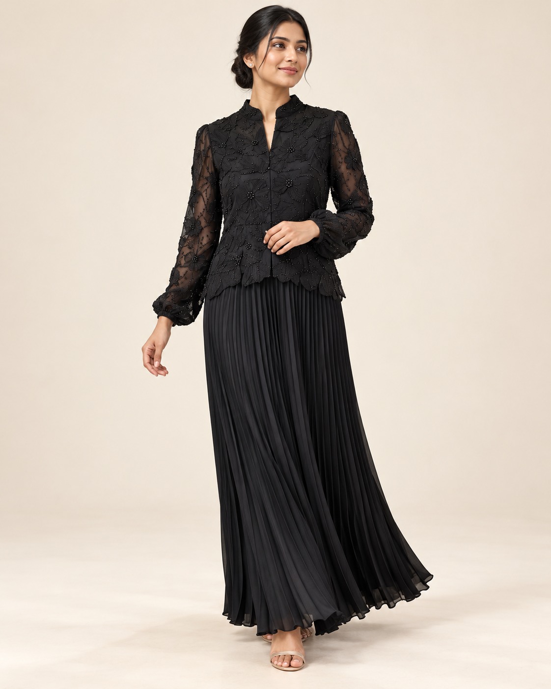 AAVARI Women's Floral Embroidered Sheer Sleeve Top with Pleated Maxi Skirt