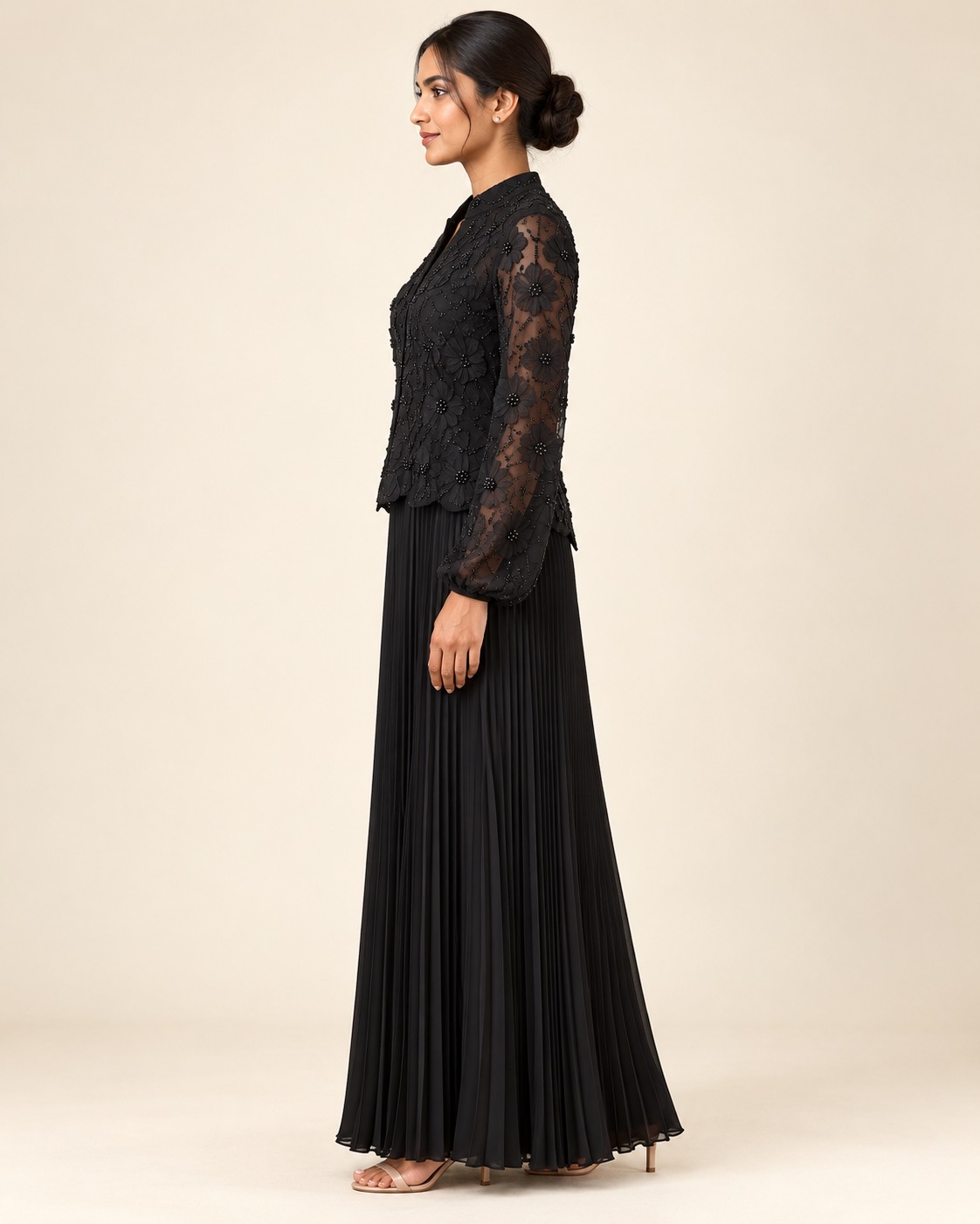 AAVARI Women's Floral Embroidered Sheer Sleeve Top with Pleated Maxi Skirt