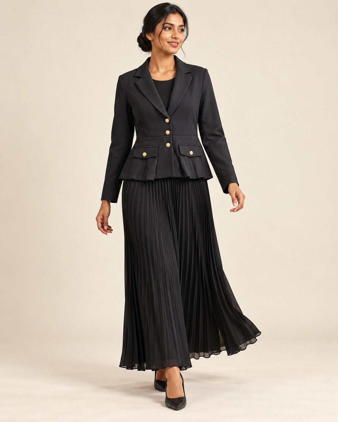 AAVARI Women's Formal Blazer with Pleated Maxi Skirt | Gold Button Peplum Jacket