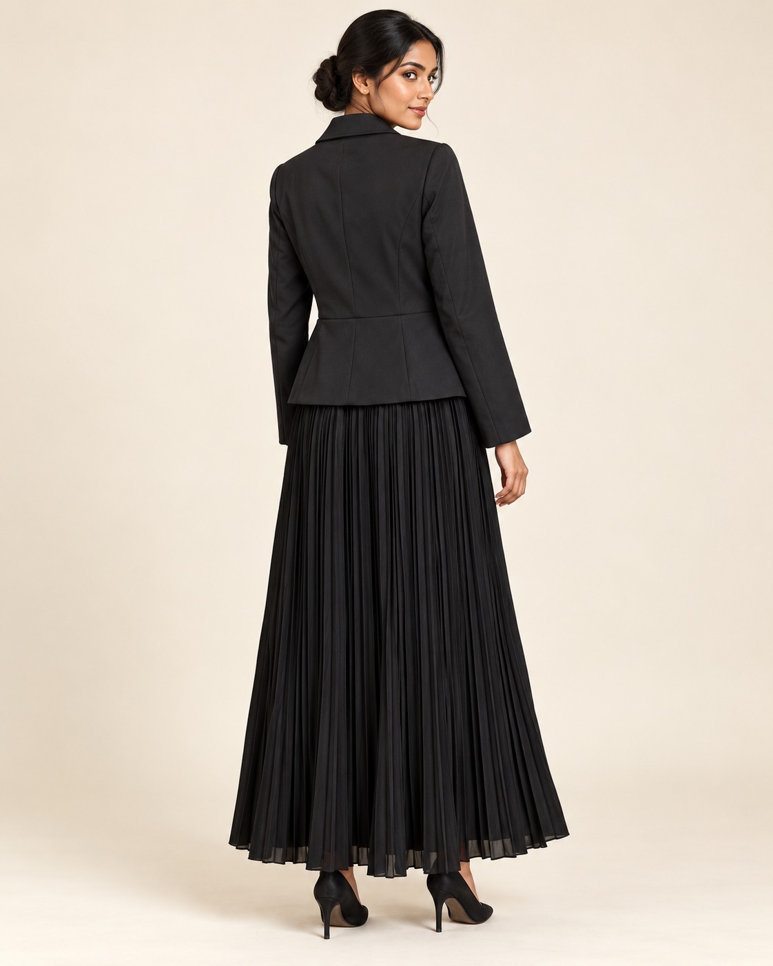 AAVARI Women's Formal Blazer with Pleated Maxi Skirt | Gold Button Peplum Jacket