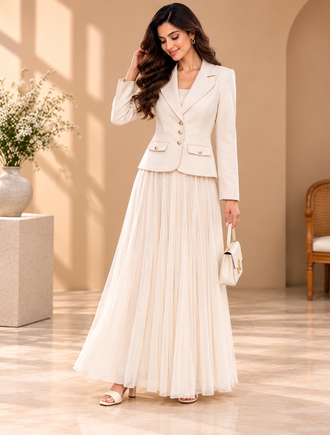 AAVARI Women's Elegant Peplum Blazer with Pleated Maxi Skirt | Gold Button Formal Co-Ord Set