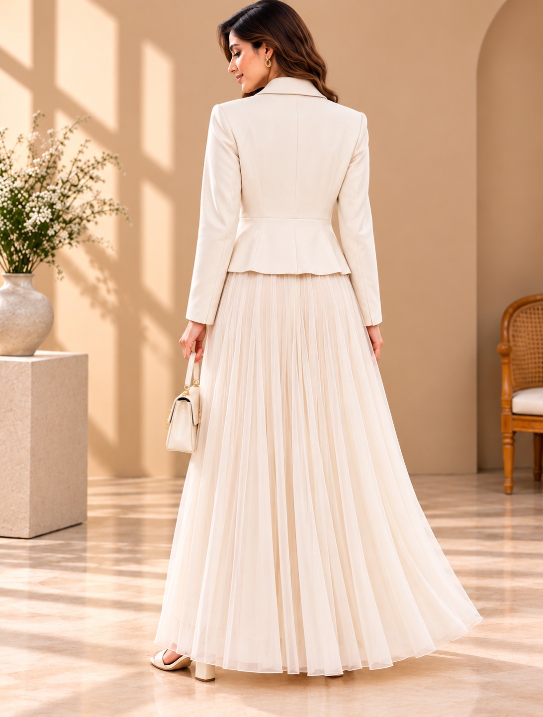AAVARI Women's Elegant Peplum Blazer with Pleated Maxi Skirt | Gold Button Formal Co-Ord Set