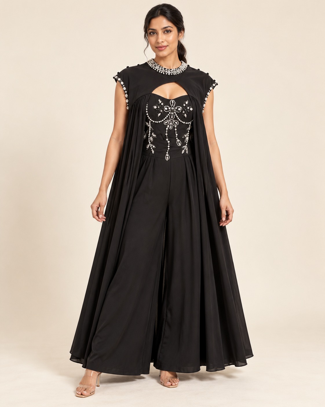AAVARI Women's Embellished Wide Leg Jumpsuit with Flowing Cape | Elegant Party Wear