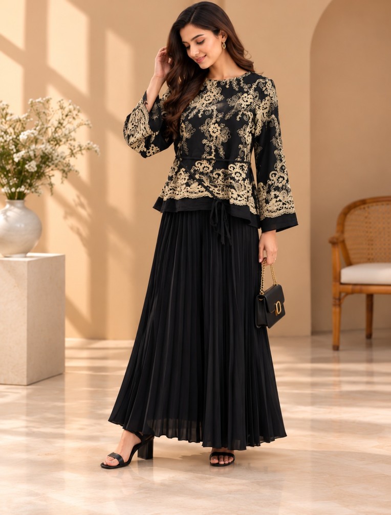 AAVARI Women's Black & Gold Floral Embroidered Peplum Top with Pleated Maxi Skirt