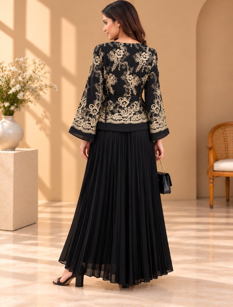 AAVARI Women's Black & Gold Floral Embroidered Peplum Top with Pleated Maxi Skirt