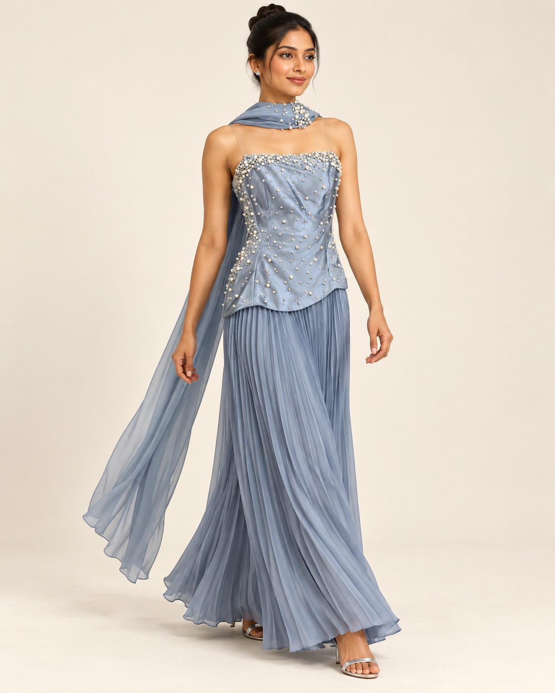 AAVARI Women's Dusty Blue Pearl Embellished Corset Top with Pleated Maxi Skirt