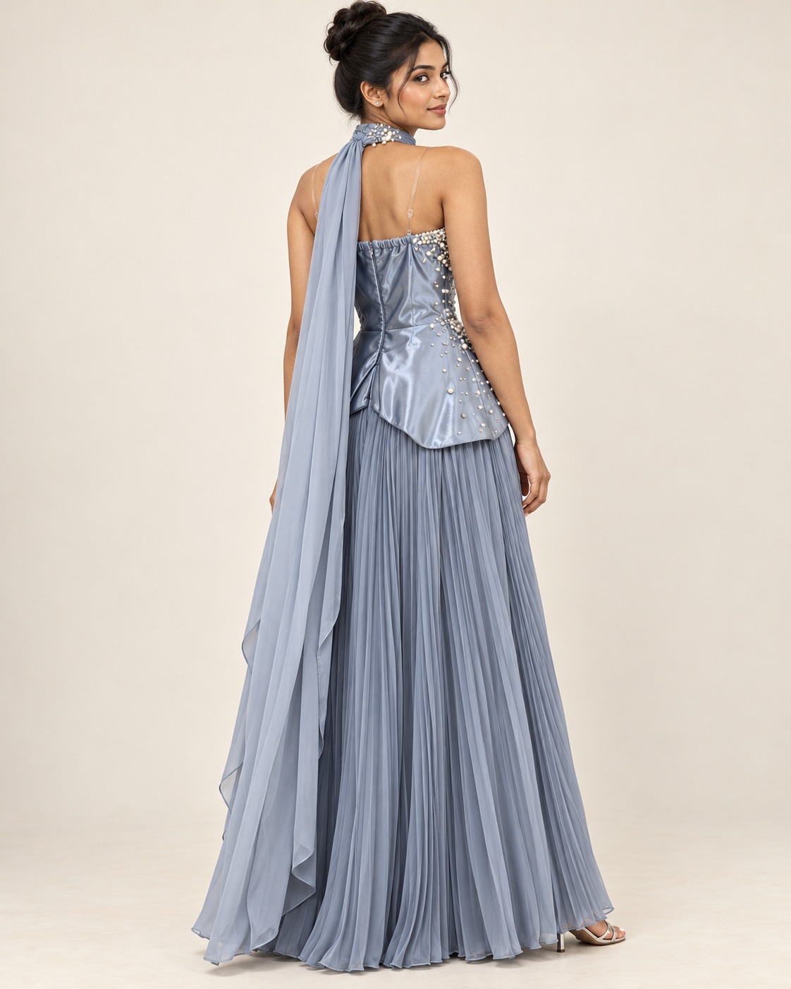 AAVARI Women's Dusty Blue Pearl Embellished Corset Top with Pleated Maxi Skirt