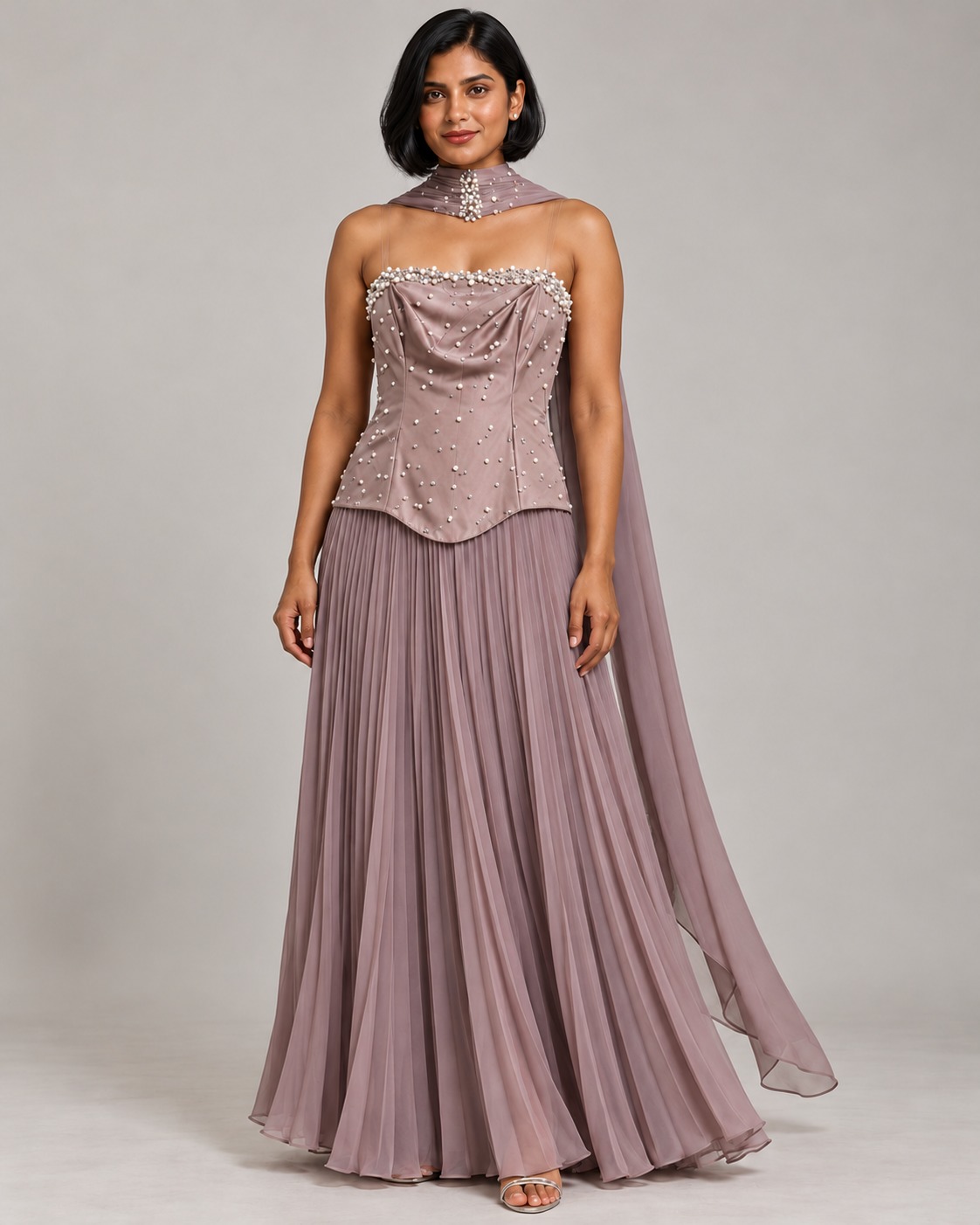 AAVARI Women's Mauve Pink Pearl Embellished Corset Top with Pleated Maxi Skirt