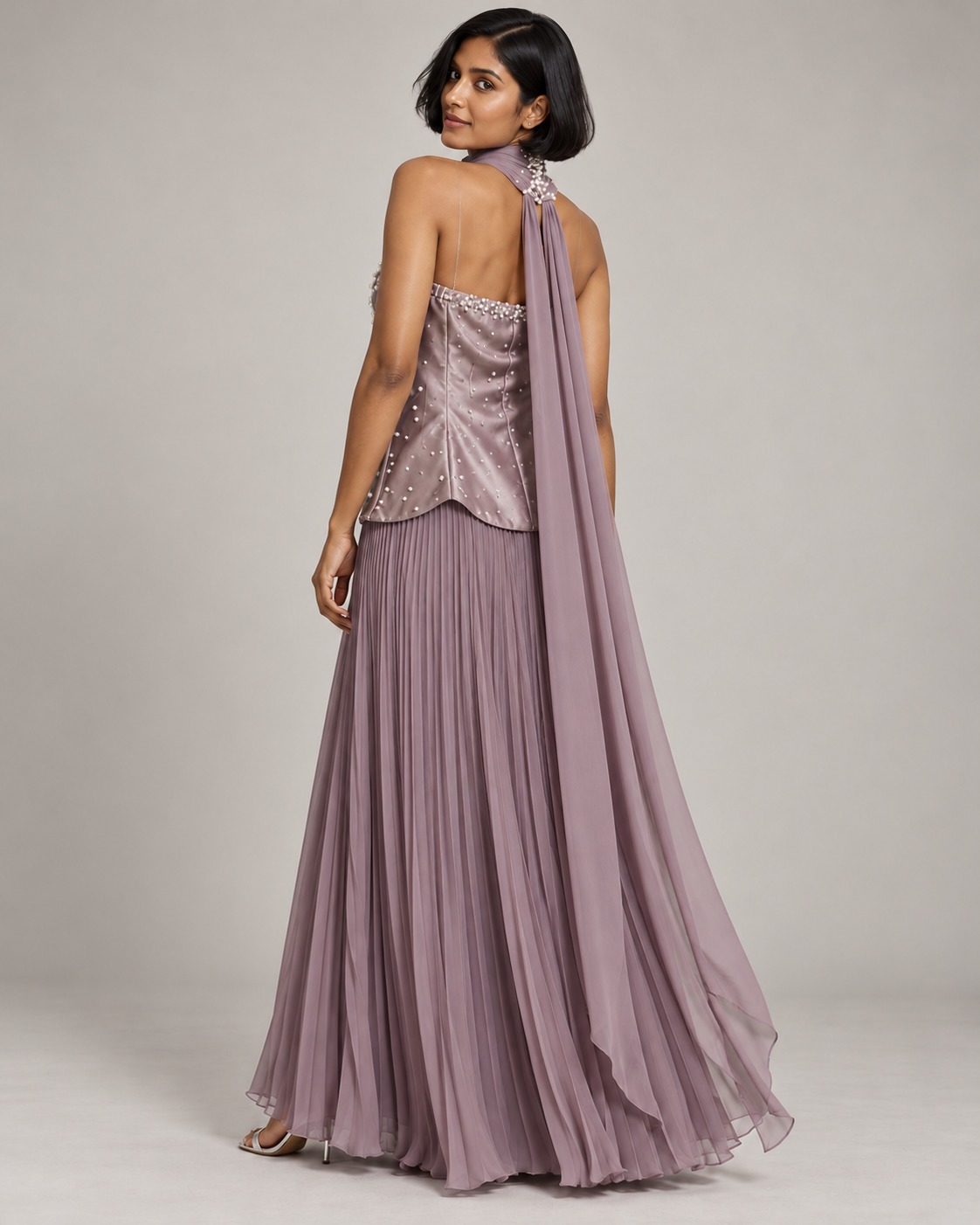 AAVARI Women's Mauve Pink Pearl Embellished Corset Top with Pleated Maxi Skirt