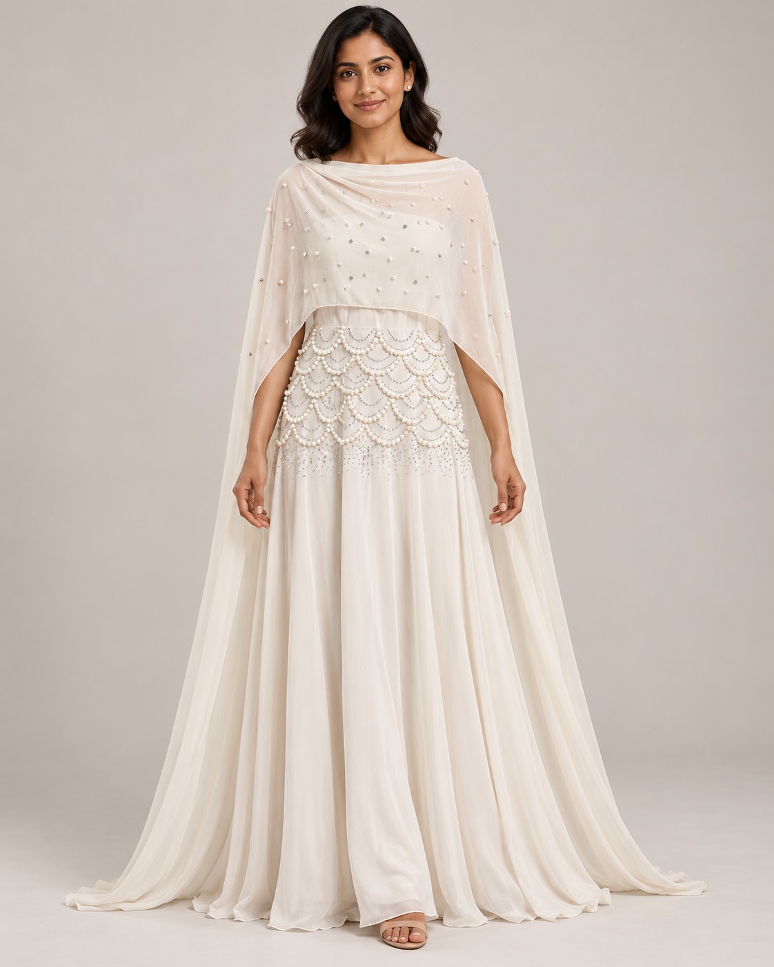 AAVARI Women's Ivory White Pearl Embellished Flared Maxi Gown with Sheer Cape