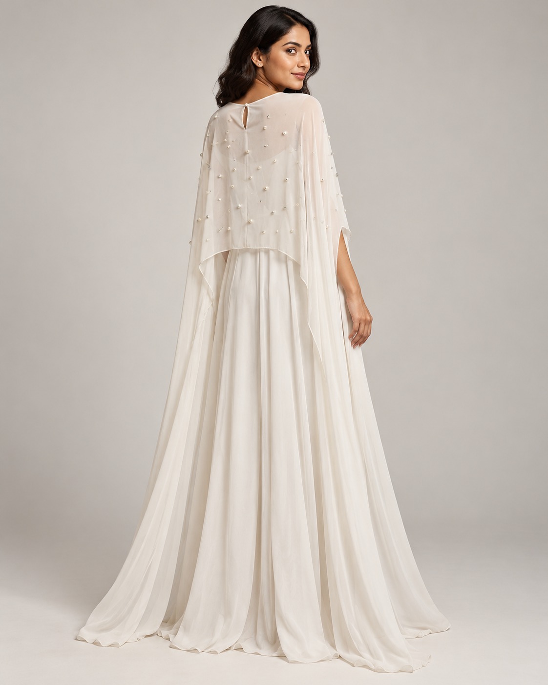 AAVARI Women's Ivory White Pearl Embellished Flared Maxi Gown with Sheer Cape
