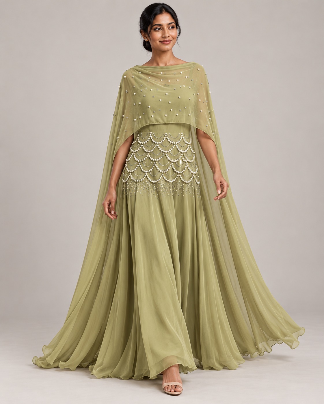 AAVARI Women's Sage Green Pearl Embellished Flared Maxi Gown with Sheer Cape