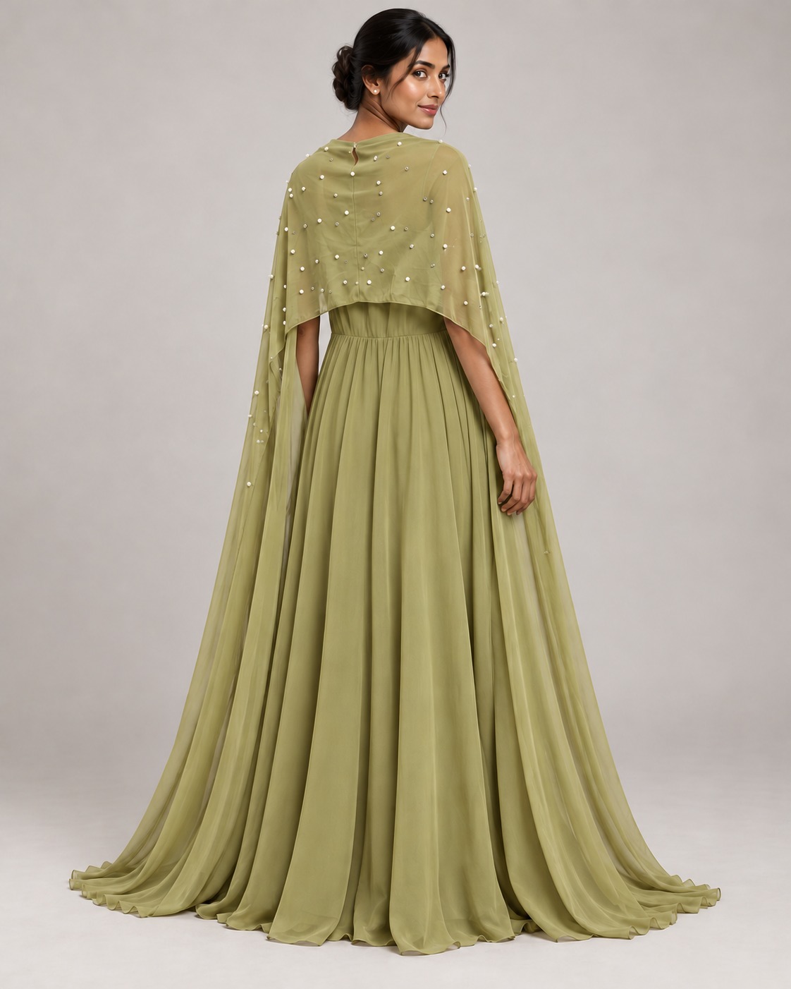 AAVARI Women's Sage Green Pearl Embellished Flared Maxi Gown with Sheer Cape