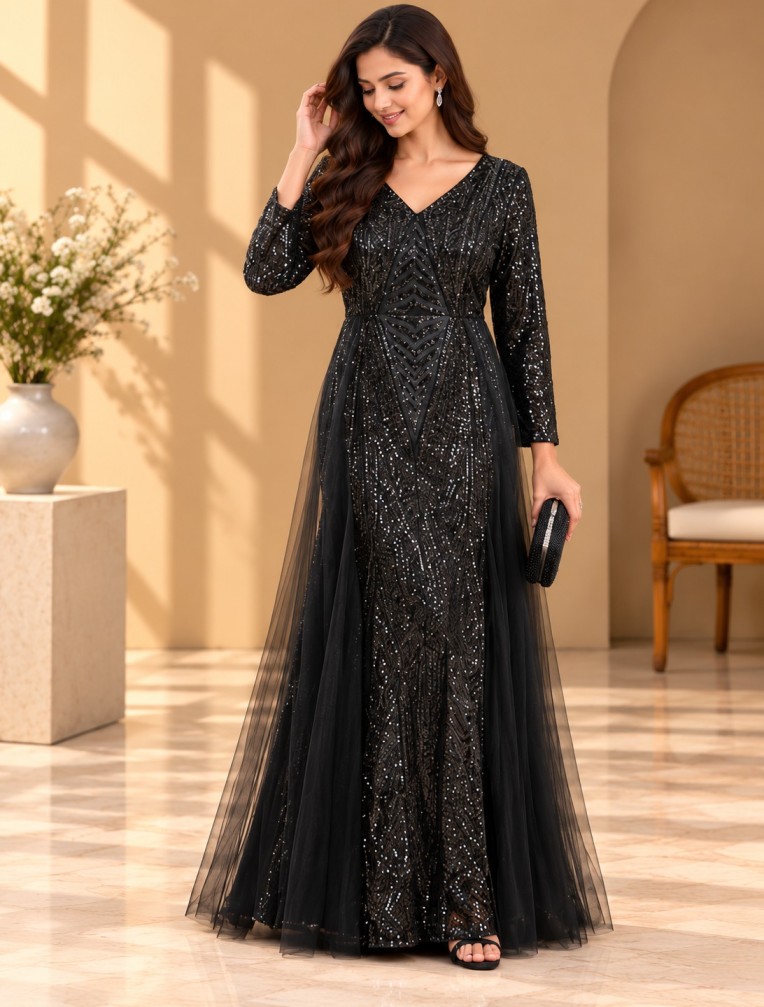 AAVARI Women's Black Sequin Embellished V-Neck Maxi Gown with Sheer Tulle Flared Panels