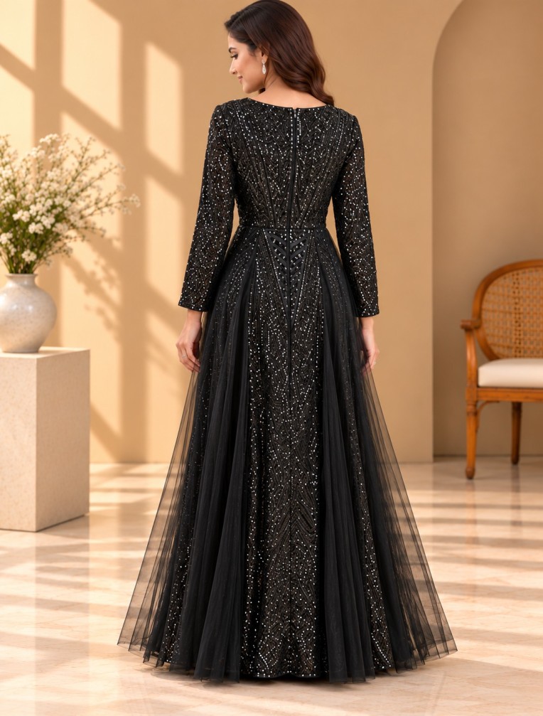 AAVARI Women's Black Sequin Embellished V-Neck Maxi Gown with Sheer Tulle Flared Panels
