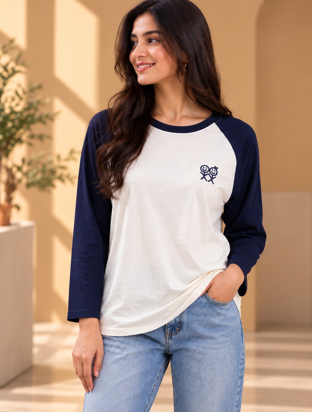 AAVARI Women's Color Block Raglan Sleeve T-Shirt | Navy Blue & Off-White Round Neck